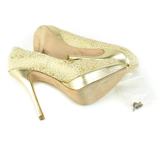 DIOR: Gold, Brocade Peep-Toe Logo Heels/Pumps - Picture 8 of 8